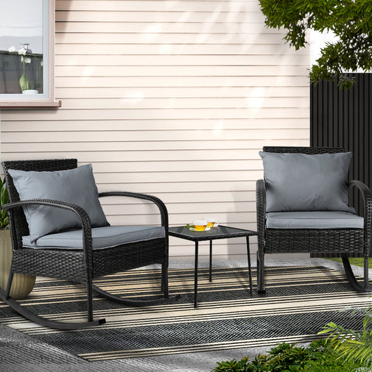 Gardeon 3 Piece Outdoor Chair Rocking Set - Black